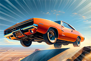 Orange klassisk muskelbil som hoppar över en ramp i högt tempo med en dramatisk himmel i bakgrunden