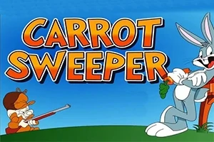 Två tecknade figurer, en kanin som äter en morot och en jägare med gevär, tillsammans med texten Carrot Sweeper på blå bakgrund