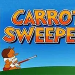 Två tecknade figurer, en kanin som äter en morot och en jägare med gevär, tillsammans med texten Carrot Sweeper på blå bakgrund