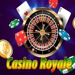 Rouletthjul omgivet av spelkort, marker och tärningar mot en mörklila bakgrund med texten Casino Royale