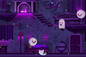 En pixelerad nattlig scen med ett kattdjur och spöken i ett lila, gotiskt hus