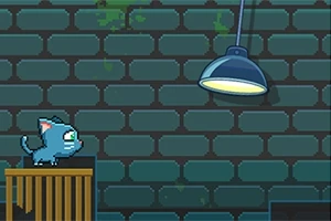 En pixelgrafikbild med en blå katt på en trälåda framför en tegelvägg och en taklampa
