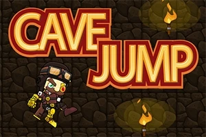 En tecknad karaktär i grottmiljö med ordet CAVE JUMP i stora bokstäver och facklor på stenväggar i bakgrunden