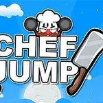 Tecknad figur i kockmössa ovanför texten Chef Jump med två knivar på en blå himmel med moln