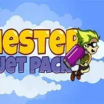 Tecknad figur med grönt hår bär en lila jetpack mot en bakgrund av moln, med texten Chester Jet Pack