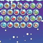 Klapprunda juldekorationer, godisar och snögubbar i färgglada bubblor mot en blå bakgrund med snöflingor