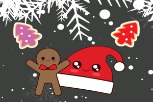 Tecknad pepparkaksgubbe med fluga och en tomteluva med ansikte, omgiven av snöflingor och färgglada julgransdekorationer