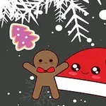 Tecknad pepparkaksgubbe med fluga och en tomteluva med ansikte, omgiven av snöflingor och färgglada julgransdekorationer