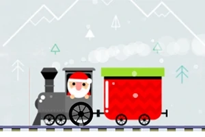 Tecknad tomte i ett litet tåg med ett rött vagn på en snöig bakgrund med berg och träd