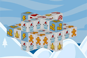 Kuber dekorerade med julmotiv som snögubbar, pepparkakor, klockor, blixtsymboler och multipliceringssymboler mot en blå bakgrund
