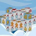 Kuber dekorerade med julmotiv som snögubbar, pepparkakor, klockor, blixtsymboler och multipliceringssymboler mot en blå bakgrund