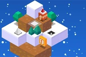 En pixelgrafik-karaktär med tomteluva står ovanpå en snöig kubisk plattform med träd, snö och geometriska former i en vintrig miljö