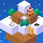 En pixelgrafik-karaktär med tomteluva står ovanpå en snöig kubisk plattform med träd, snö och geometriska former i en vintrig miljö