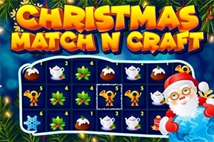Jultomten står med en säck presenter bredvid ett spelbräde med julmotiv och titeln Christmas Match N Craft ovanför