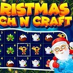 Jultomten står med en säck presenter bredvid ett spelbräde med julmotiv och titeln Christmas Match N Craft ovanför