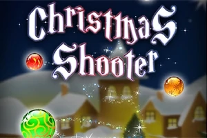 Juldekorationer och ljus framför ett snötäckt hus med texten Christmas Shooter i gotisk stil ovanför