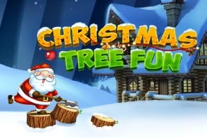 Tomte hugger ved framför ett snötäckt hus med texten Christmas Tree Fun ovanför