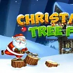 Tomte hugger ved framför ett snötäckt hus med texten Christmas Tree Fun ovanför