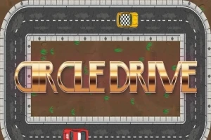 Texten CIRCLE DRIVE i guld ovanpå en oval väg med bilar och en rutad start- och målflagga
