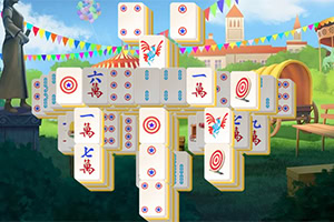 En digital stapel av vita brickor med symboler och tecken framför en bakgrund av en park med festliga vimplar och ballonger under en blå himmel