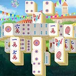 En digital stapel av vita brickor med symboler och tecken framför en bakgrund av en park med festliga vimplar och ballonger under en blå himmel