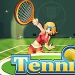En tecknad kvinna i sportkläder som spelar tennis på en grön bana med en stor text som säger Tennis i förgrunden