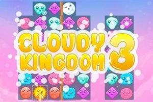 Färgglada animerade tecknade ansikten i olika former och mönster med texten Cloudy Kingdom 3 i mitten
