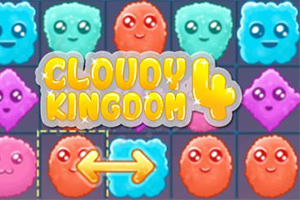 Färgglada molnliknande figurer med ansikten och texten Cloudy Kingdom 4 i mitten, samt en pil som pekar horisontellt