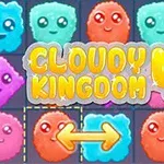 Färgglada molnliknande figurer med ansikten och texten Cloudy Kingdom 4 i mitten, samt en pil som pekar horisontellt
