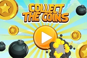 Tecknad bild med texten Collect the Coins, omgiven av guldmynt och bomber mot en blå himmel