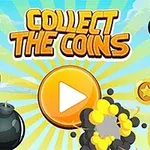 Tecknad bild med texten Collect the Coins, omgiven av guldmynt och bomber mot en blå himmel