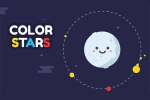 Tecknad bild av en glad planet med planeter i olika färger som kretsar omkring den, mot en mörkblå bakgrund, med texten COLOR STARS till vänster