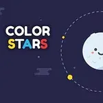 Tecknad bild av en glad planet med planeter i olika färger som kretsar omkring den, mot en mörkblå bakgrund, med texten COLOR STARS till vänster