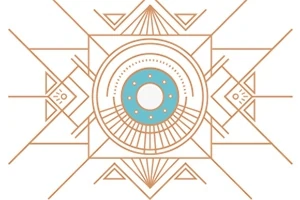 En geometrisk illustration med symmetriska linjemönster och en central cirkel i ljusblått omgiven av bruna detaljer