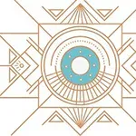En geometrisk illustration med symmetriska linjemönster och en central cirkel i ljusblått omgiven av bruna detaljer