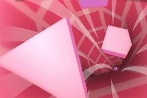 Rosa geometriska former svävar i en virvlande tunnel av röda och rosa nyanser