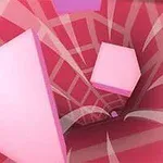 Rosa geometriska former svävar i en virvlande tunnel av röda och rosa nyanser