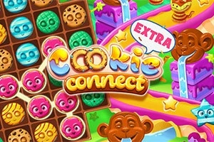 Färgglada sötsaker och apor i ett pusselspeltema med texten Cookie Connect