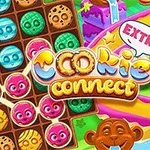 Färgglada sötsaker och apor i ett pusselspeltema med texten Cookie Connect