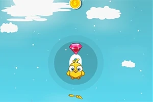 Gul fågel med stora ögon i en blå himmel, omgiven av moln och ett rosa ädelsten ovanför