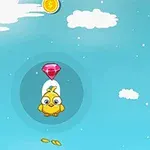 Gul fågel med stora ögon i en blå himmel, omgiven av moln och ett rosa ädelsten ovanför