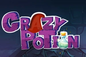 Texten CRAZY POTION i lila med en röd trollkarlshatt över bokstaven A och en liten flaska med kork bredvid bokstaven N på en mörk bakgrund