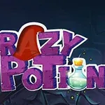 Texten CRAZY POTION i lila med en röd trollkarlshatt över bokstaven A och en liten flaska med kork bredvid bokstaven N på en mörk bakgrund