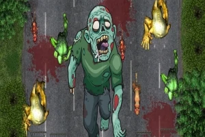 Tecknad zombie med vidöppna ögon och mun på en asfalterad väg omgiven av döda grodor och blodfläckar