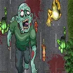 Tecknad zombie med vidöppna ögon och mun på en asfalterad väg omgiven av döda grodor och blodfläckar