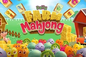 Tecknade färgglada grönsaker och frukt med ansikten omgivna av lador och mahjong-brickor i bakgrunden