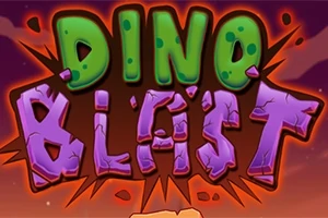 Texten Dino Blast i gröna och lila bokstäver mot en färgglad orange bakgrund