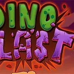 Texten Dino Blast i gröna och lila bokstäver mot en färgglad orange bakgrund