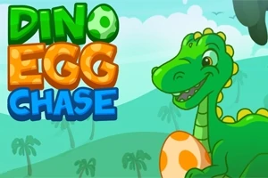 Tecknad grön dinosaurie med ett orange ägg i muntert landskap med texten Dino Egg Chase ovanför