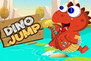 En röd dinosaurie med stora ögon hoppar över vatten med texten DINO JUMP bredvid